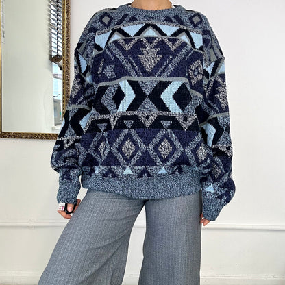 blue patterned knit jumper