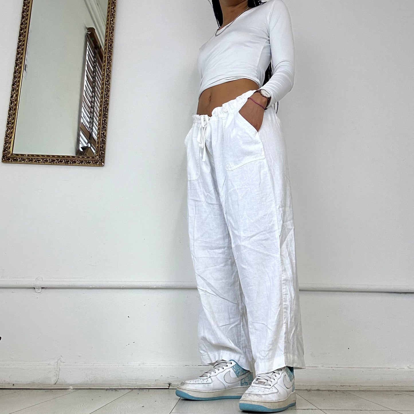 white wide leg linen trousers