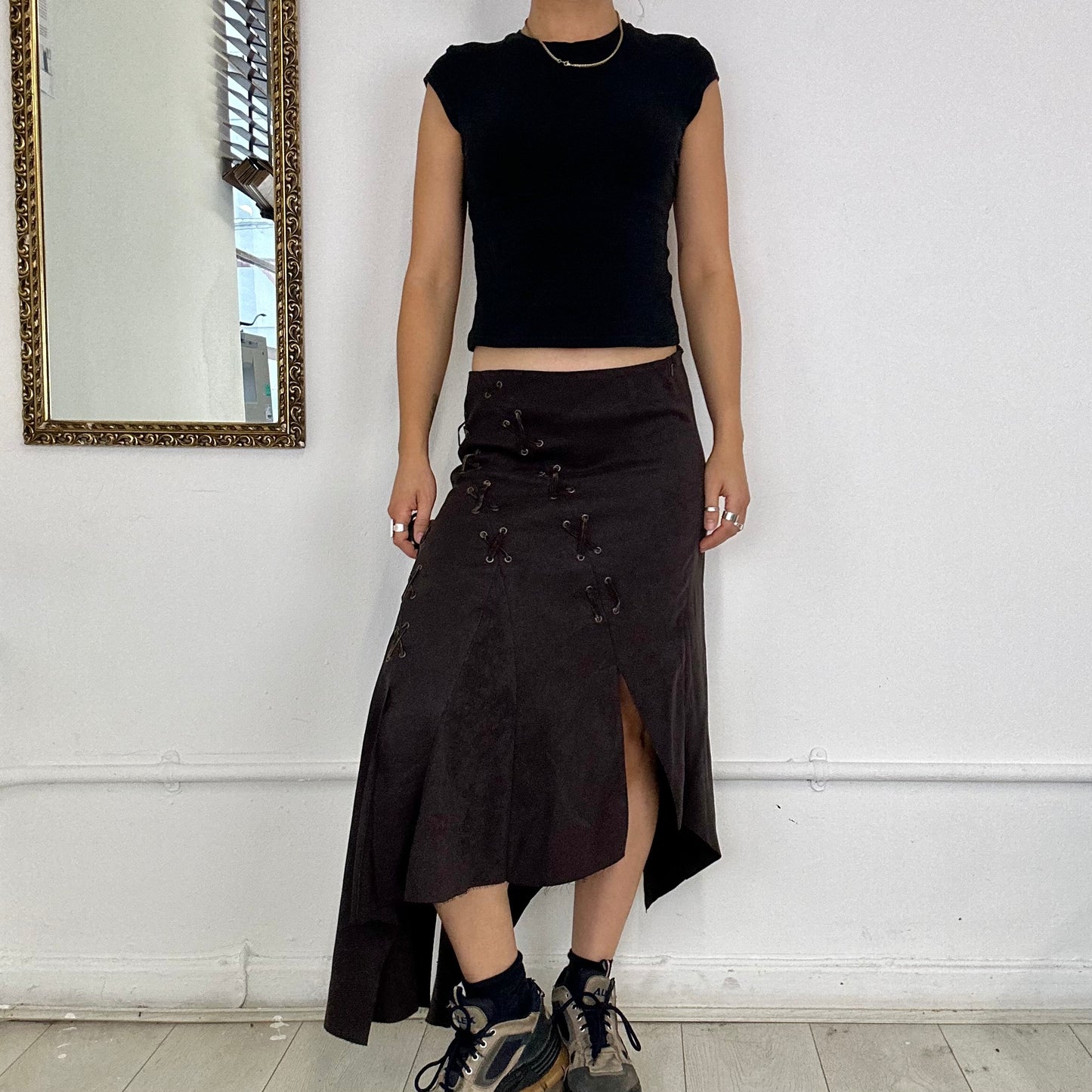 brown suede asymmetric midi skirt