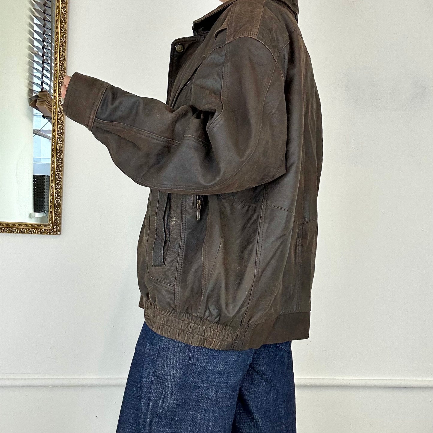 vintage brown leather bomber jacket