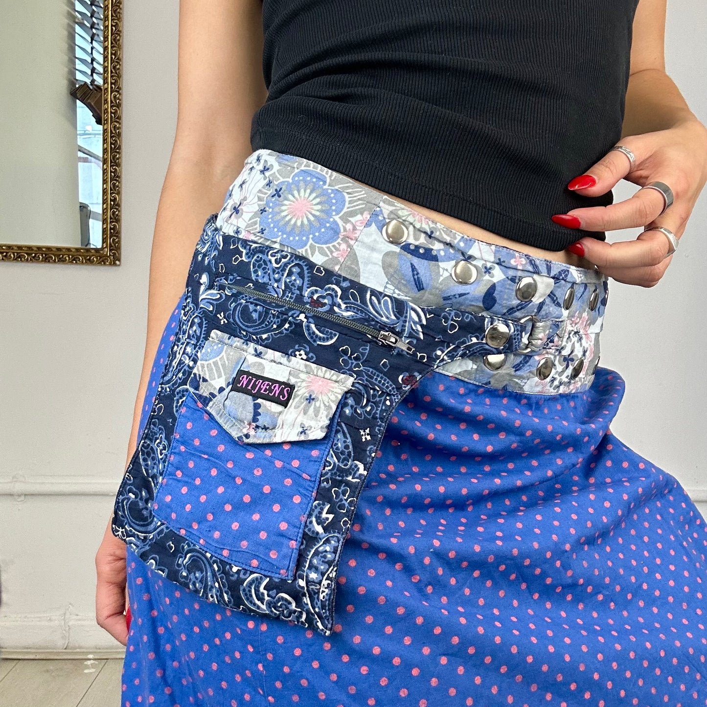 00's blue patterned reversible wrap mini skirt