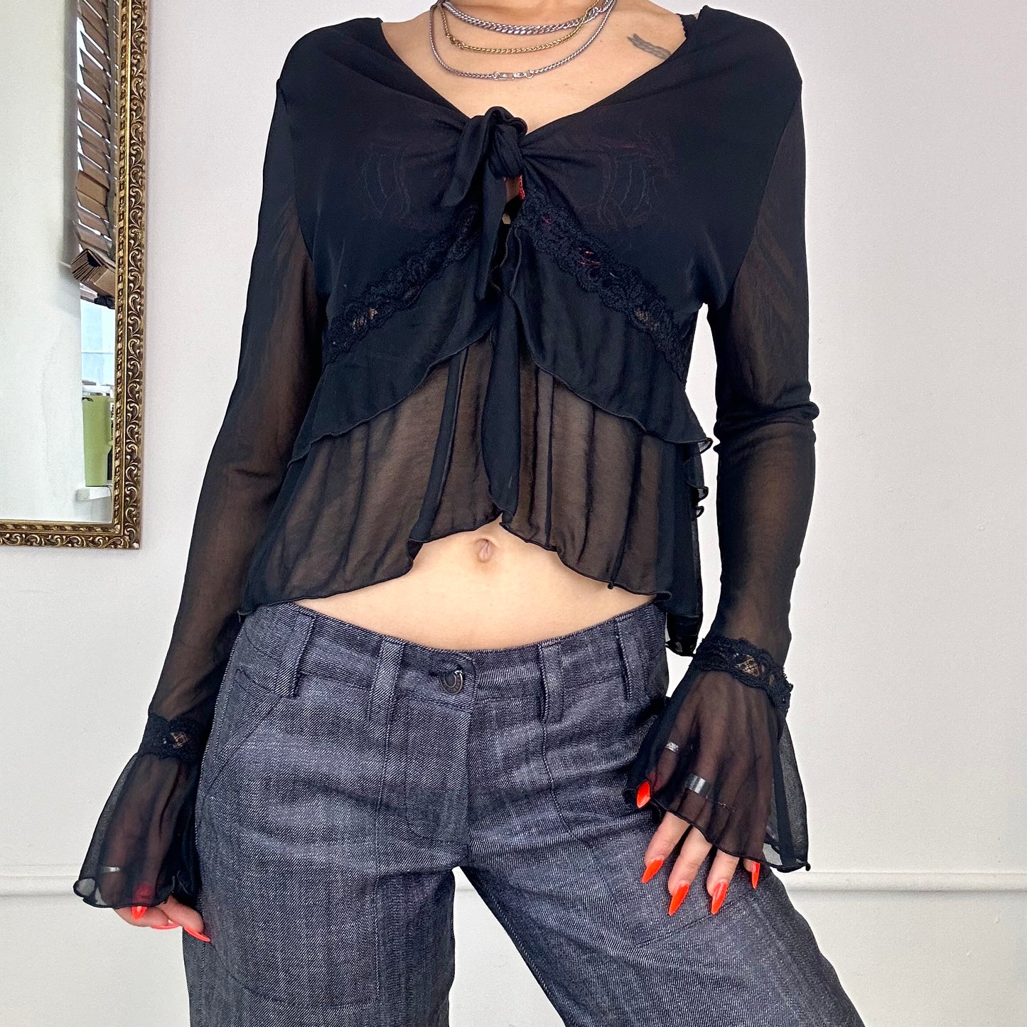 2000's french mesh tie blouse