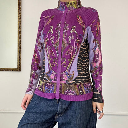 purple floral patterned zip up knitted jumper