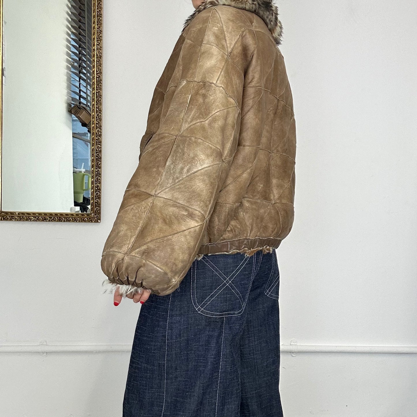 brown faux fur lined leather reversible jacket