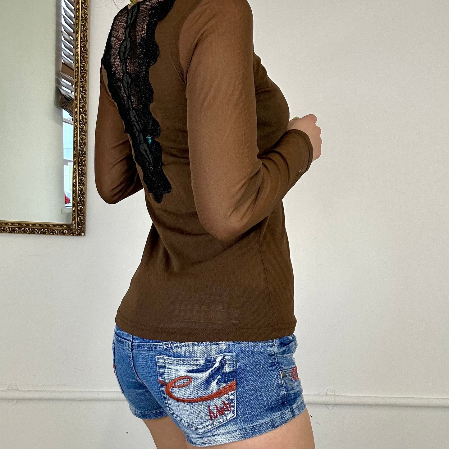 90's brown mesh long sleeve top