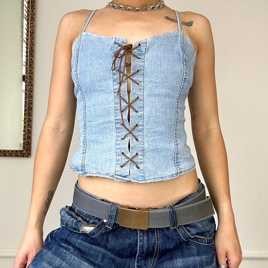 2000's lace up denim corset top
