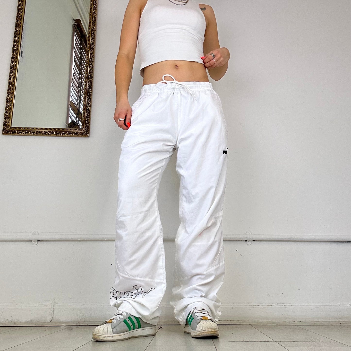 white baggy puma tracksuit bottoms