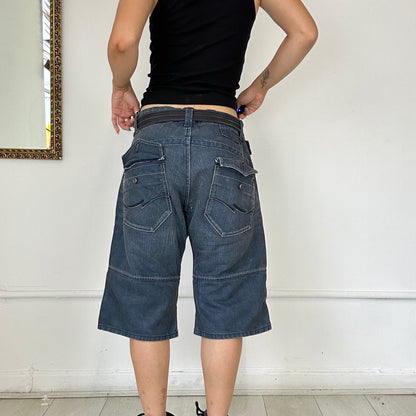 vintage dark wash long denim cargo shorts