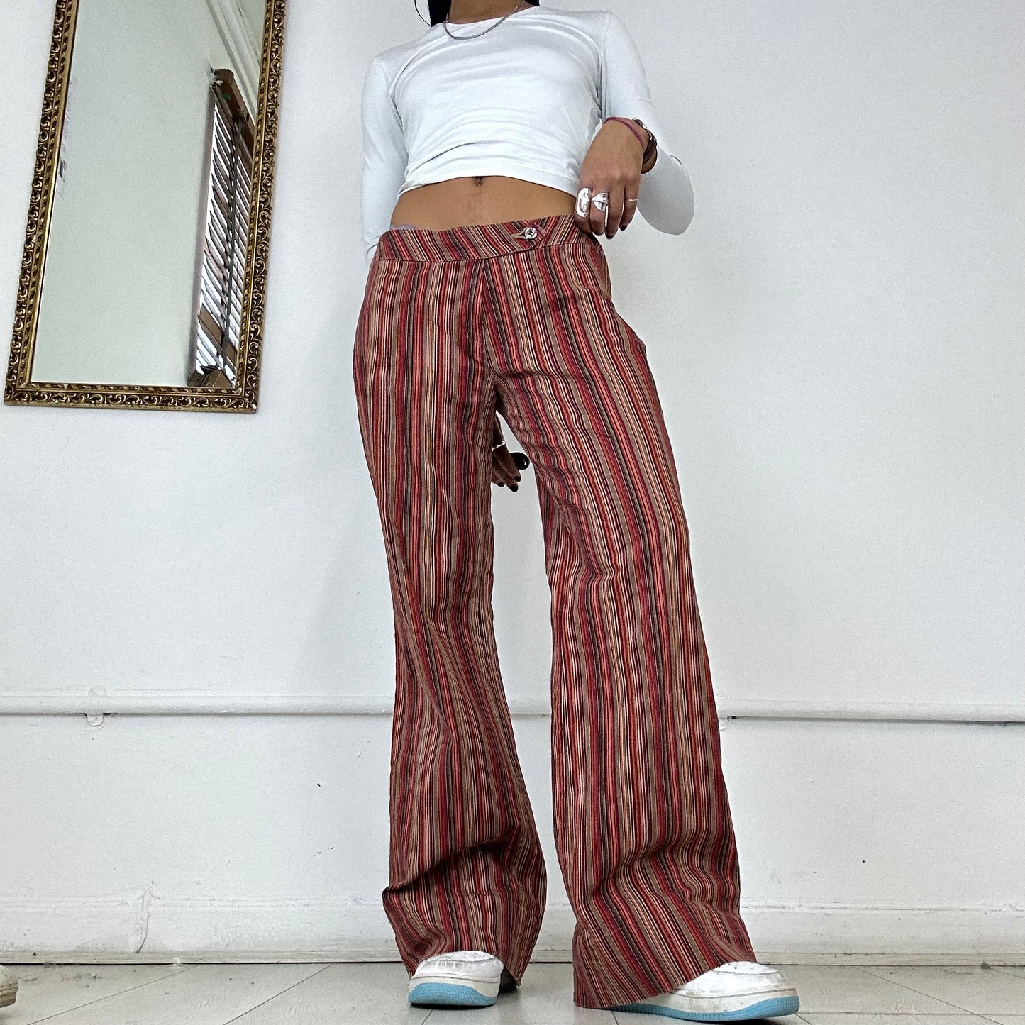 red stripped flared trousers