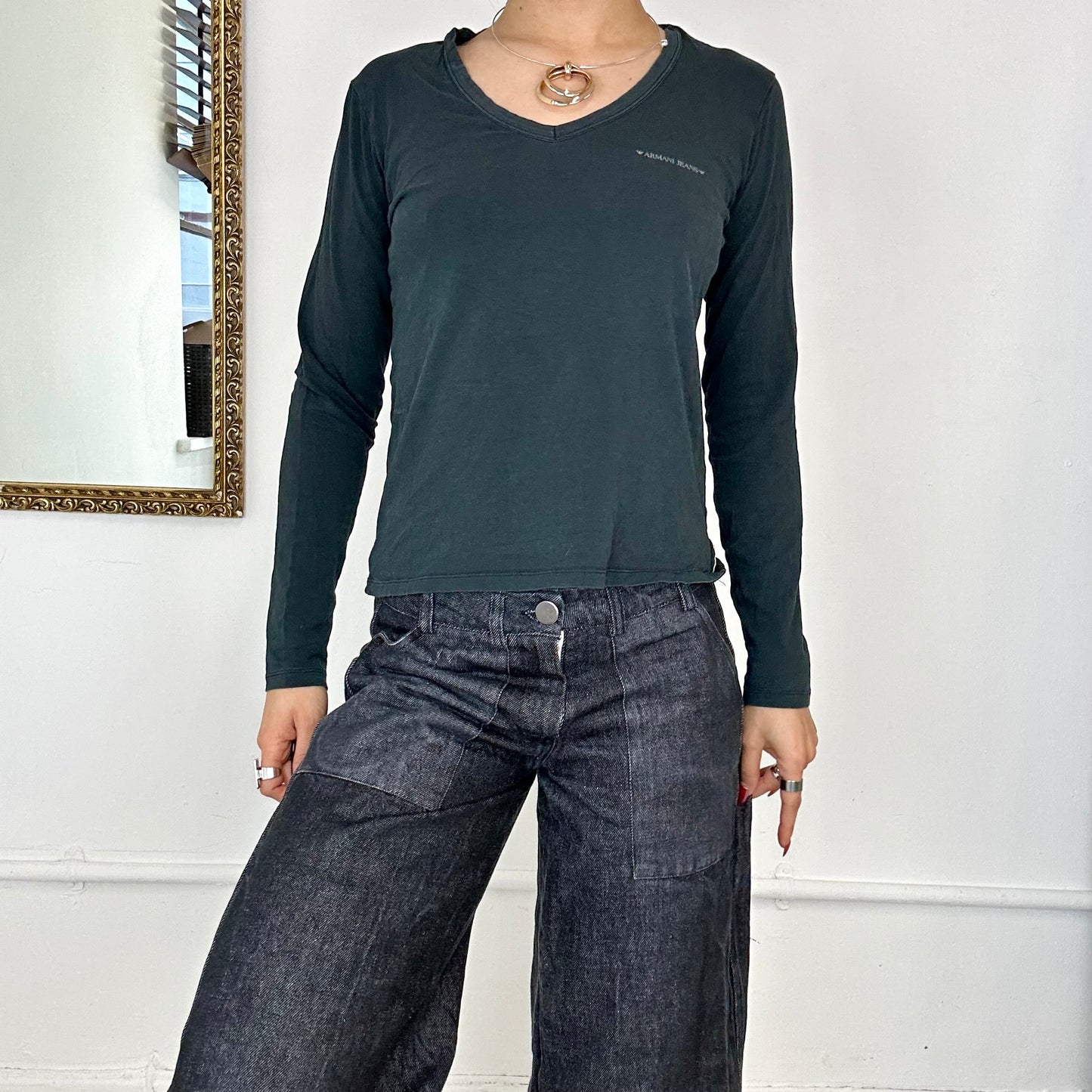 black armani jeans v neck long sleeve top