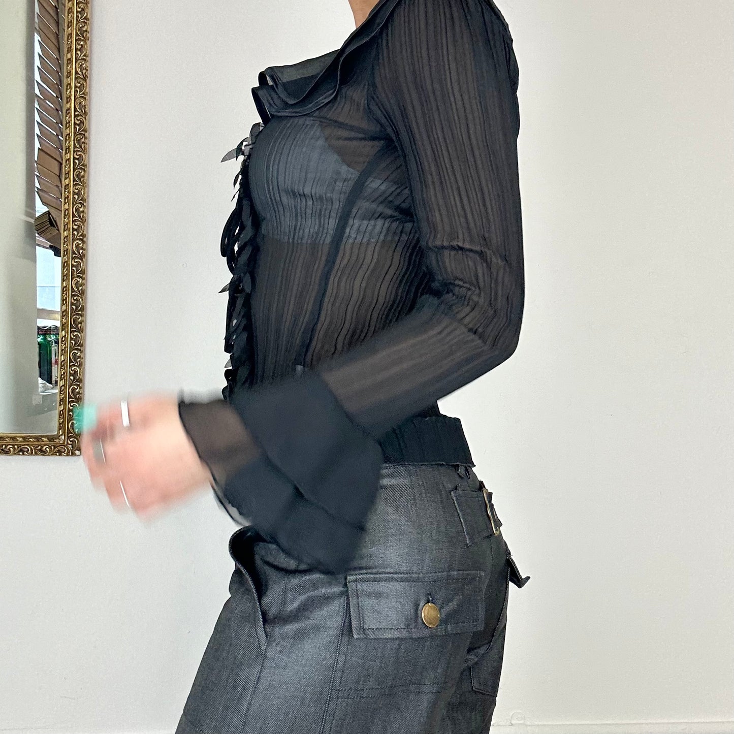 90's black sheer frilly blouse