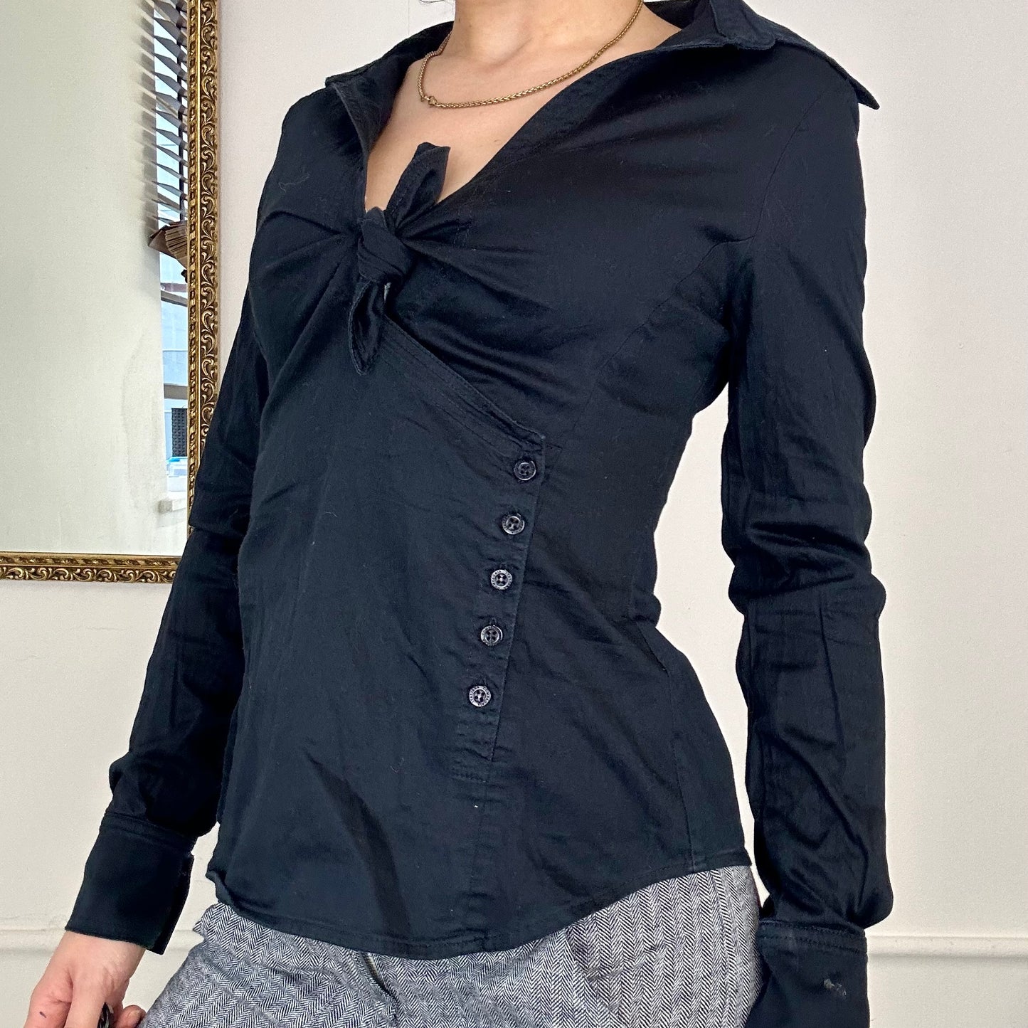 black fitted asymmetric button up  shirt