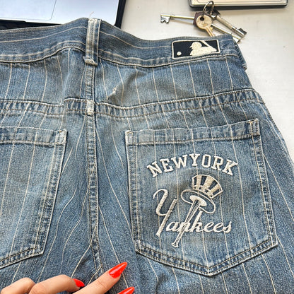 new york yankees pinstripe denim shorts