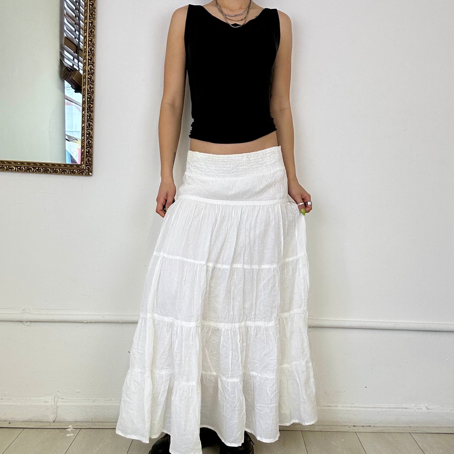 white tiered maxi skirt