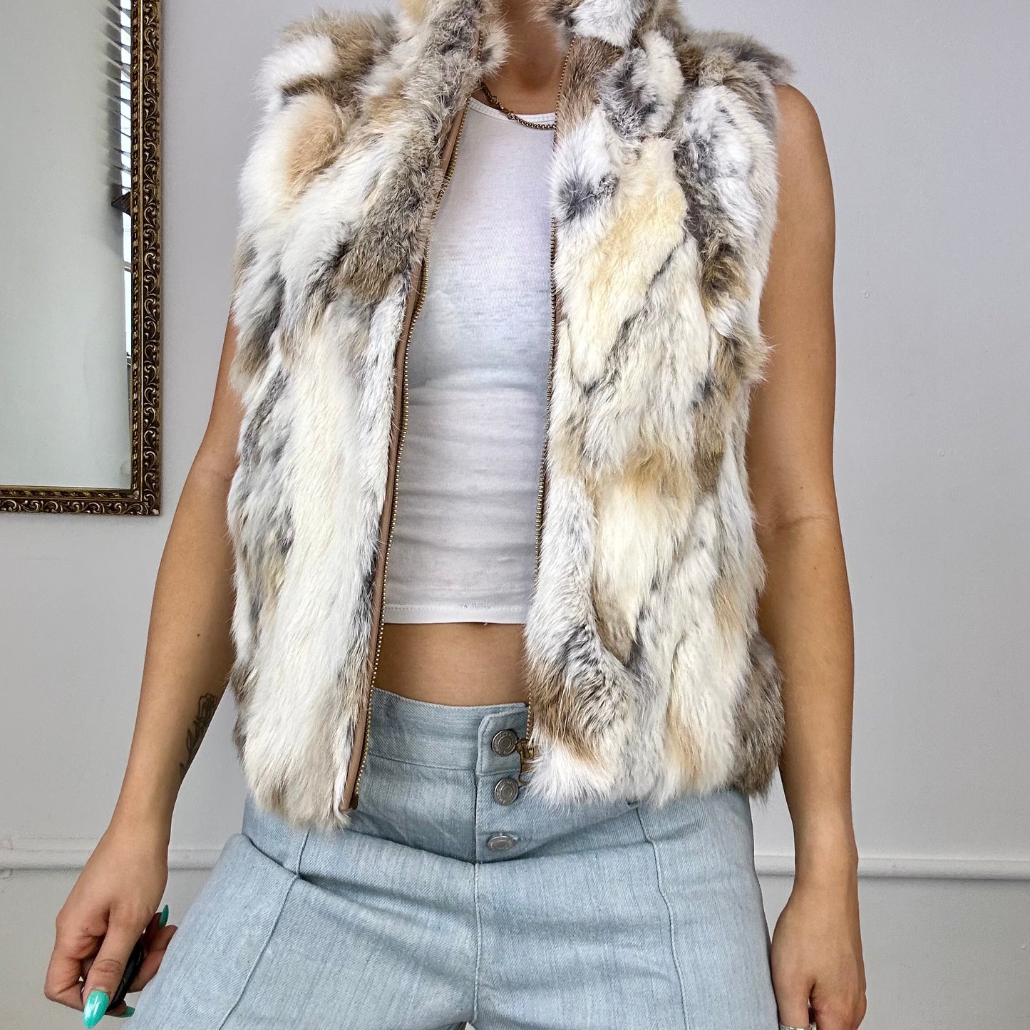 vintage fur zip up gilet