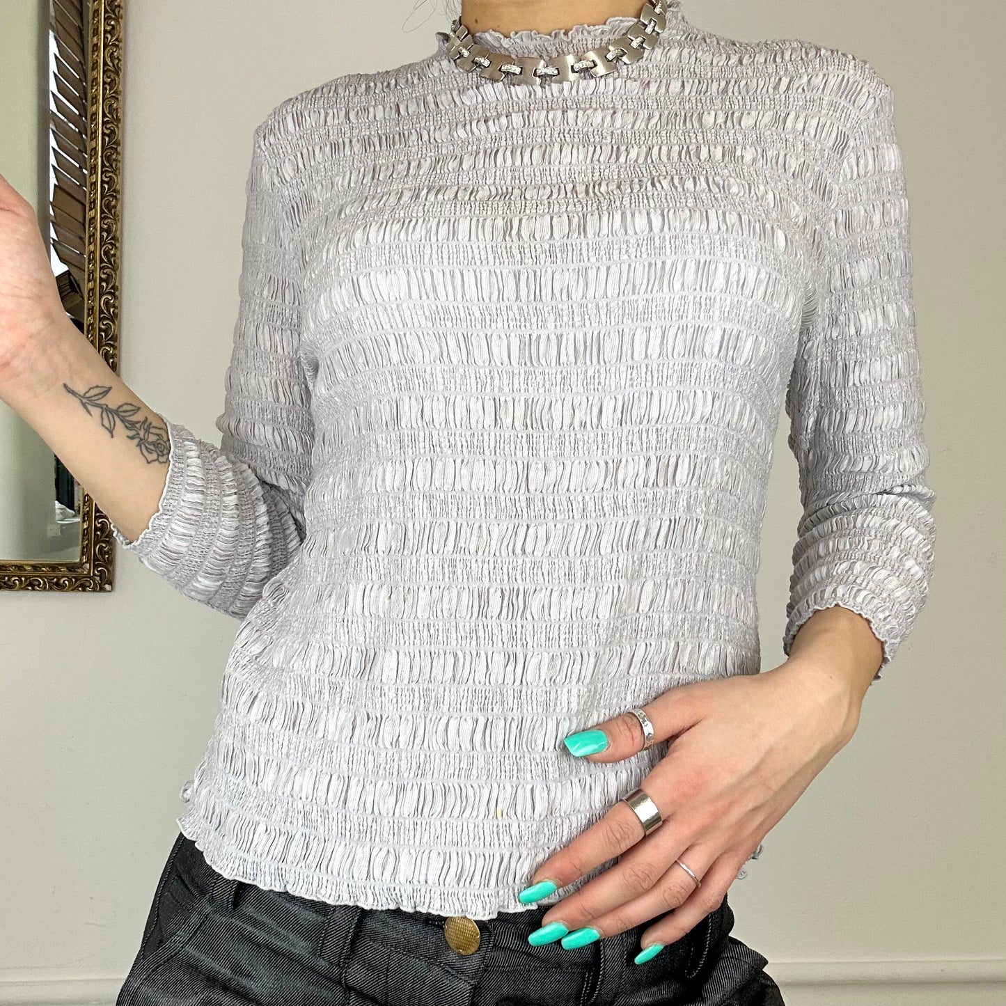 90's silver stretchy scrunch blouse