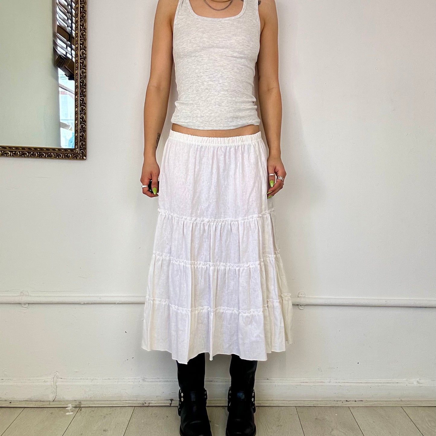 vintage white tiered midi linen skirt