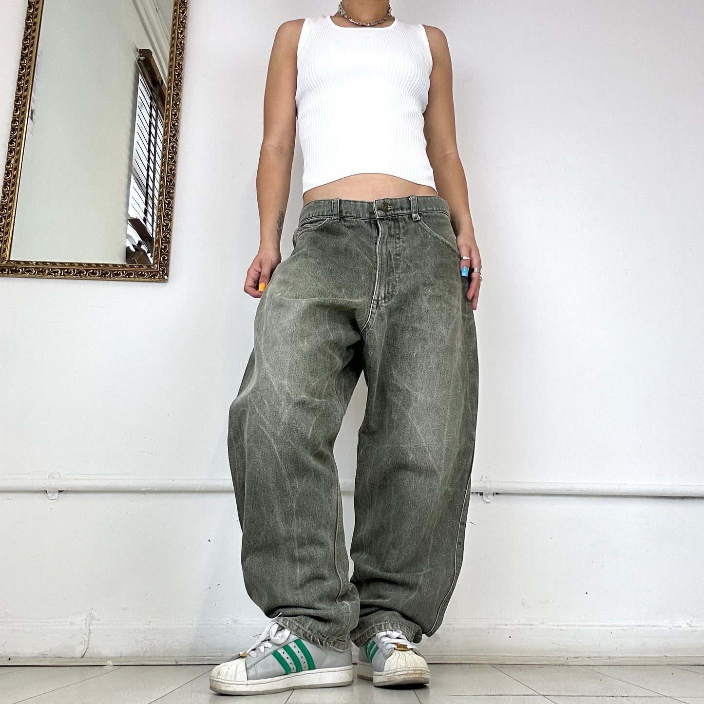 khaki washed baggy denim jeans