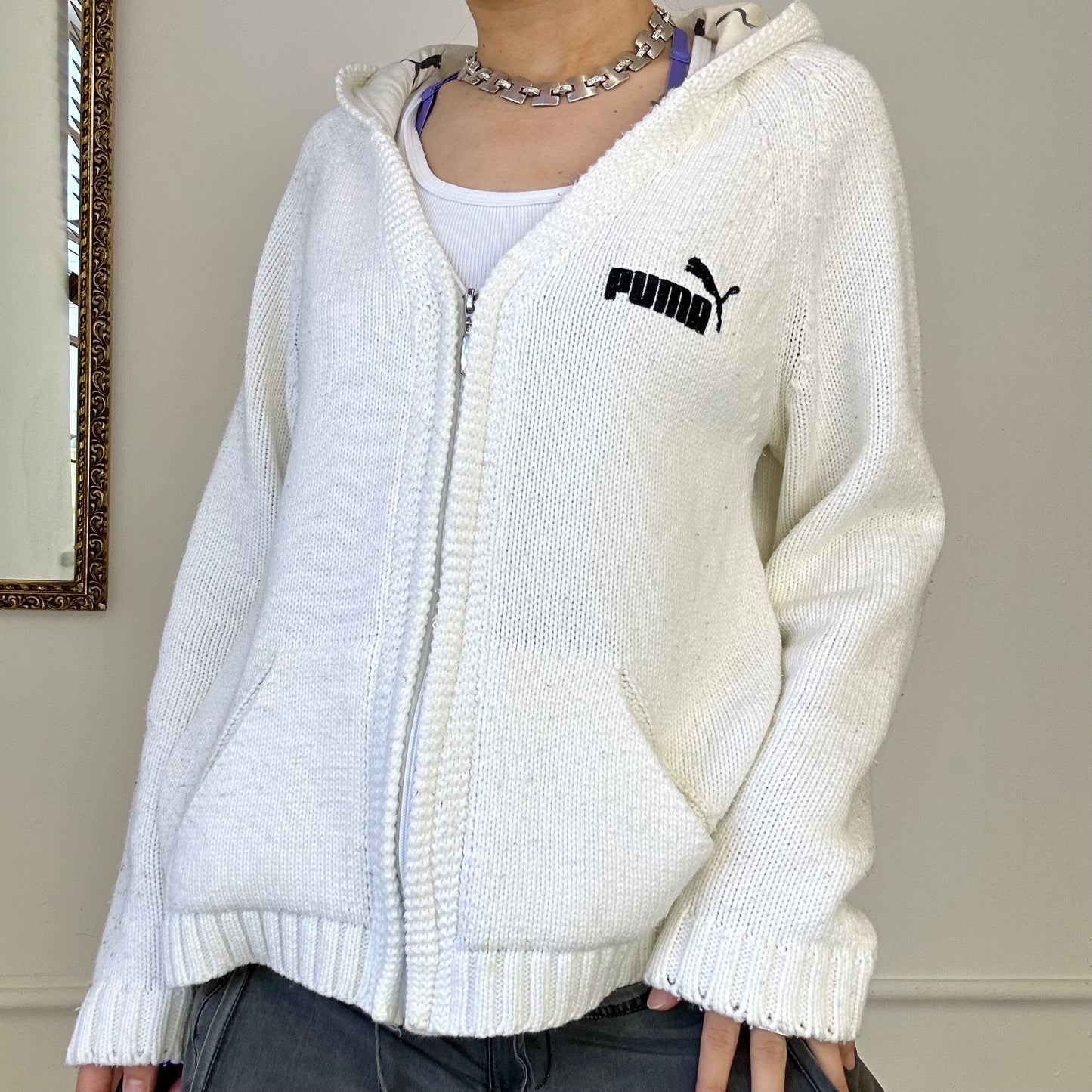 white puma zip up knitted hoodie