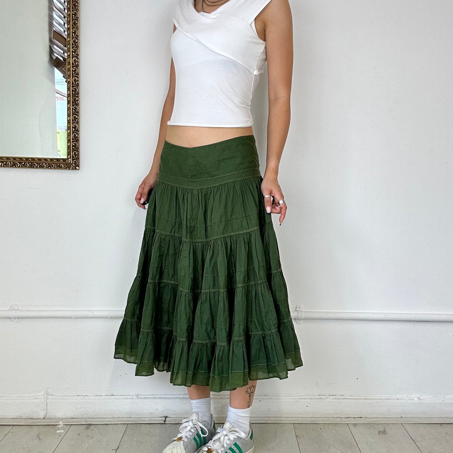 green tiered flowy maxi skirt