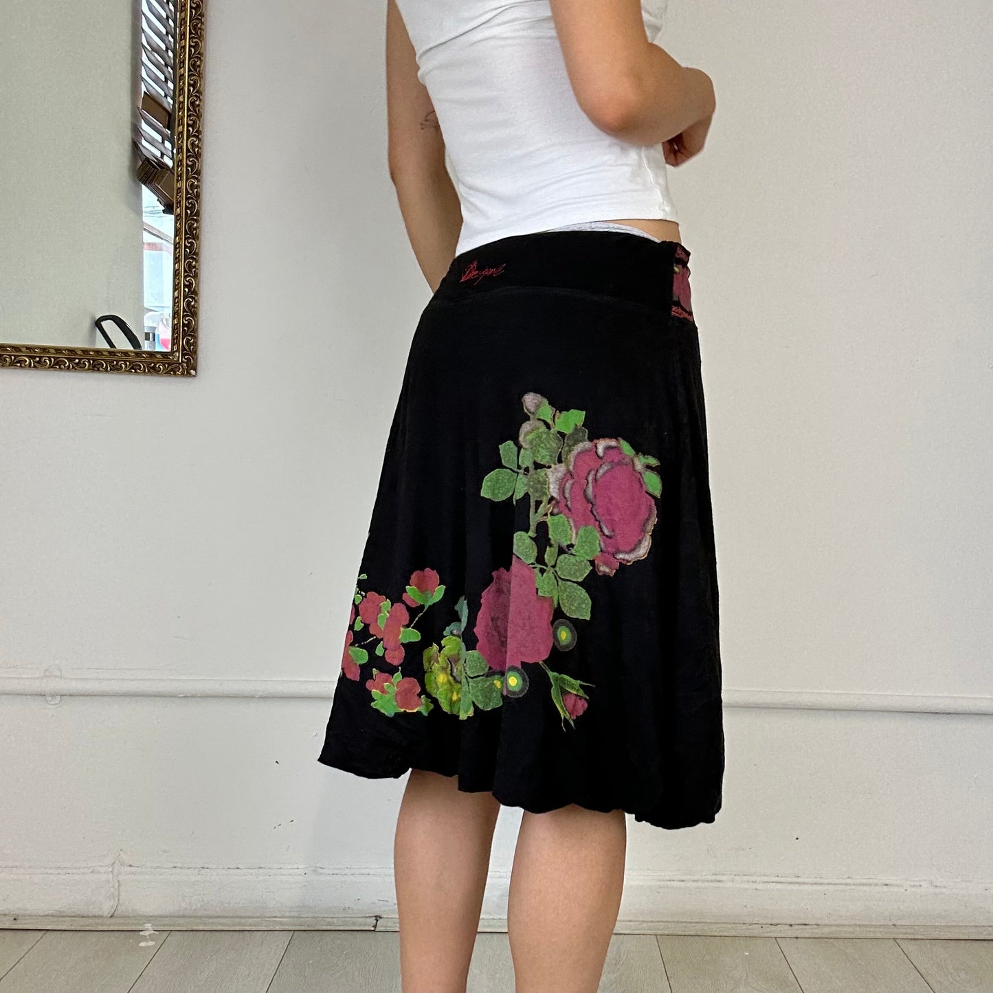 desigual black floral print midi skirt