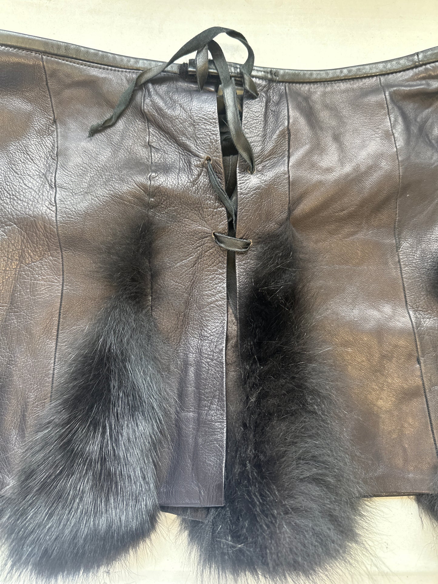 vintage black leather and fur mini skirt