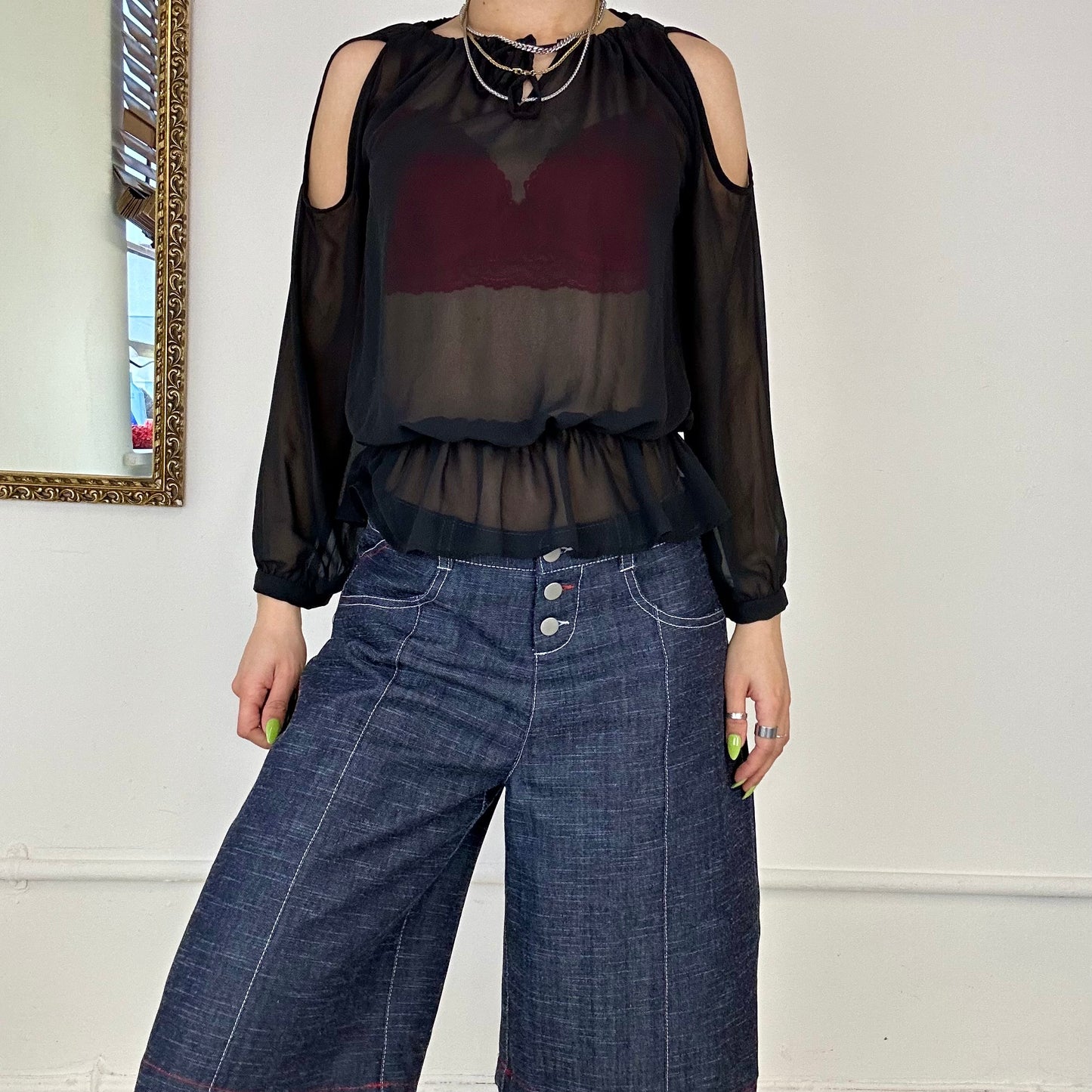 2000’s black frilly sheer blouse