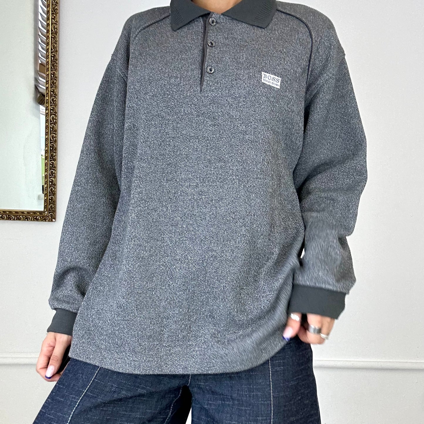 vintage boss grey woven polo jumper