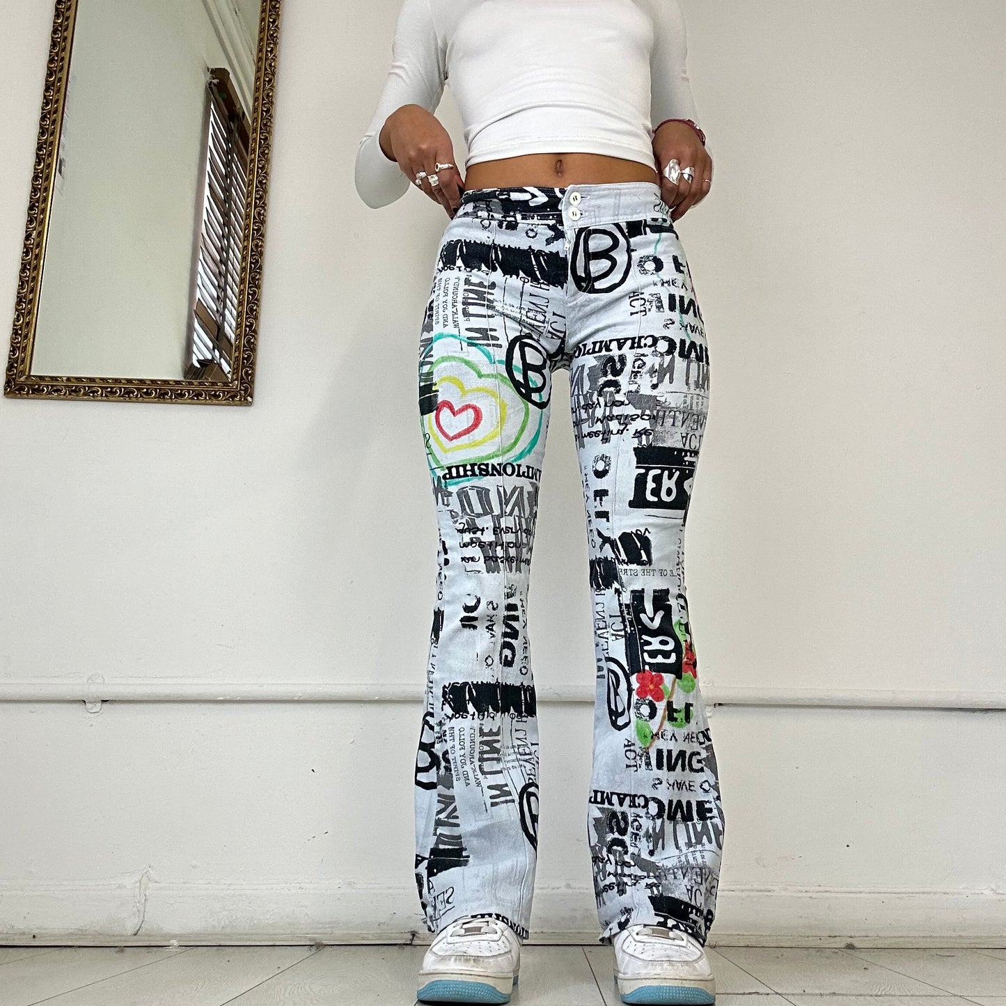 2000’s pimkie graphic print flared trousers