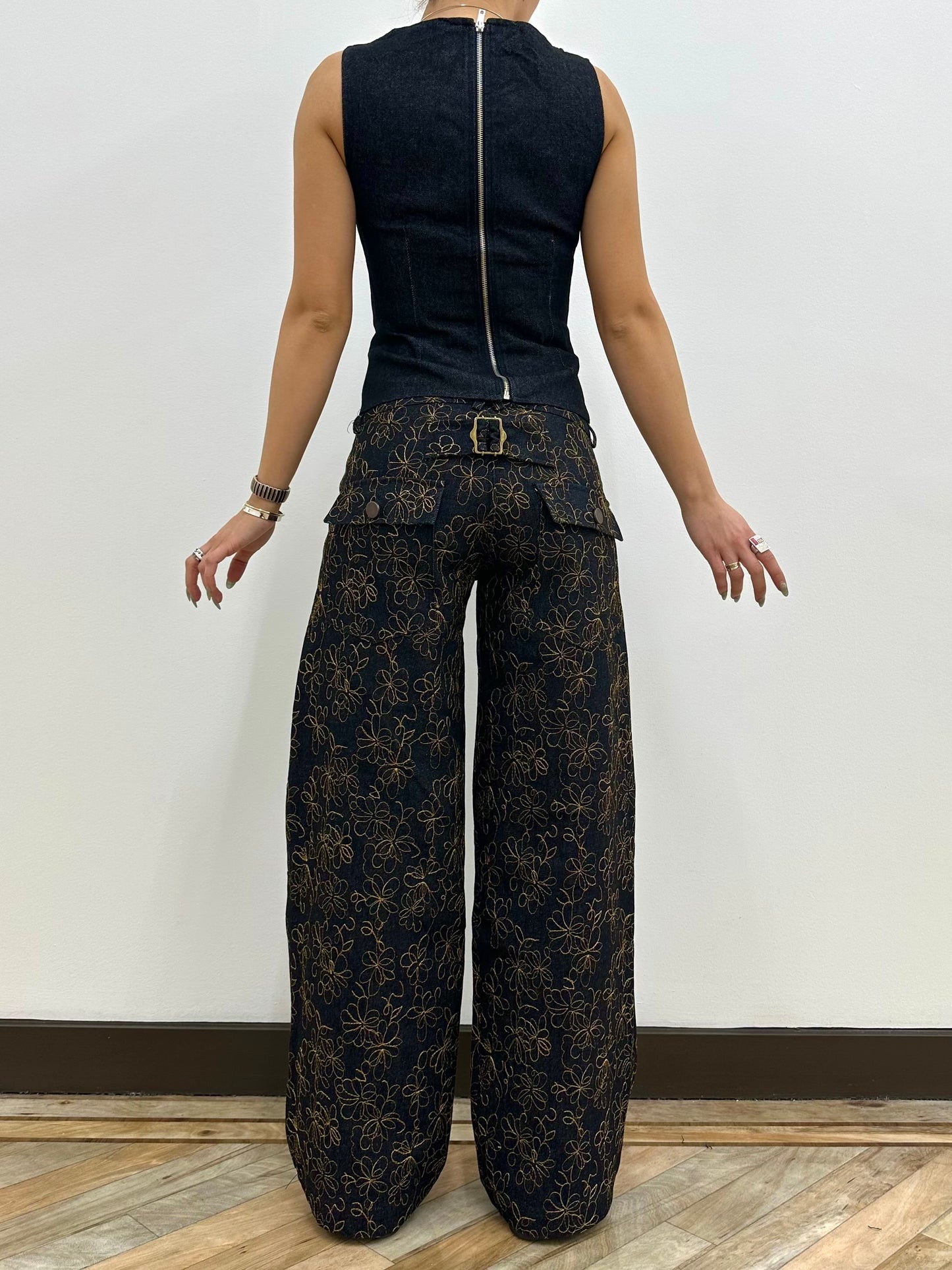 the slouch in reverse embroidered charcoal denim