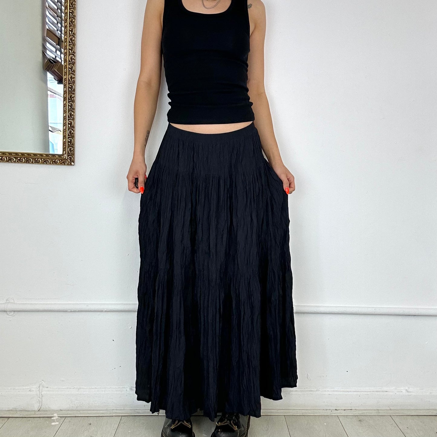 black pleated maxi skirt