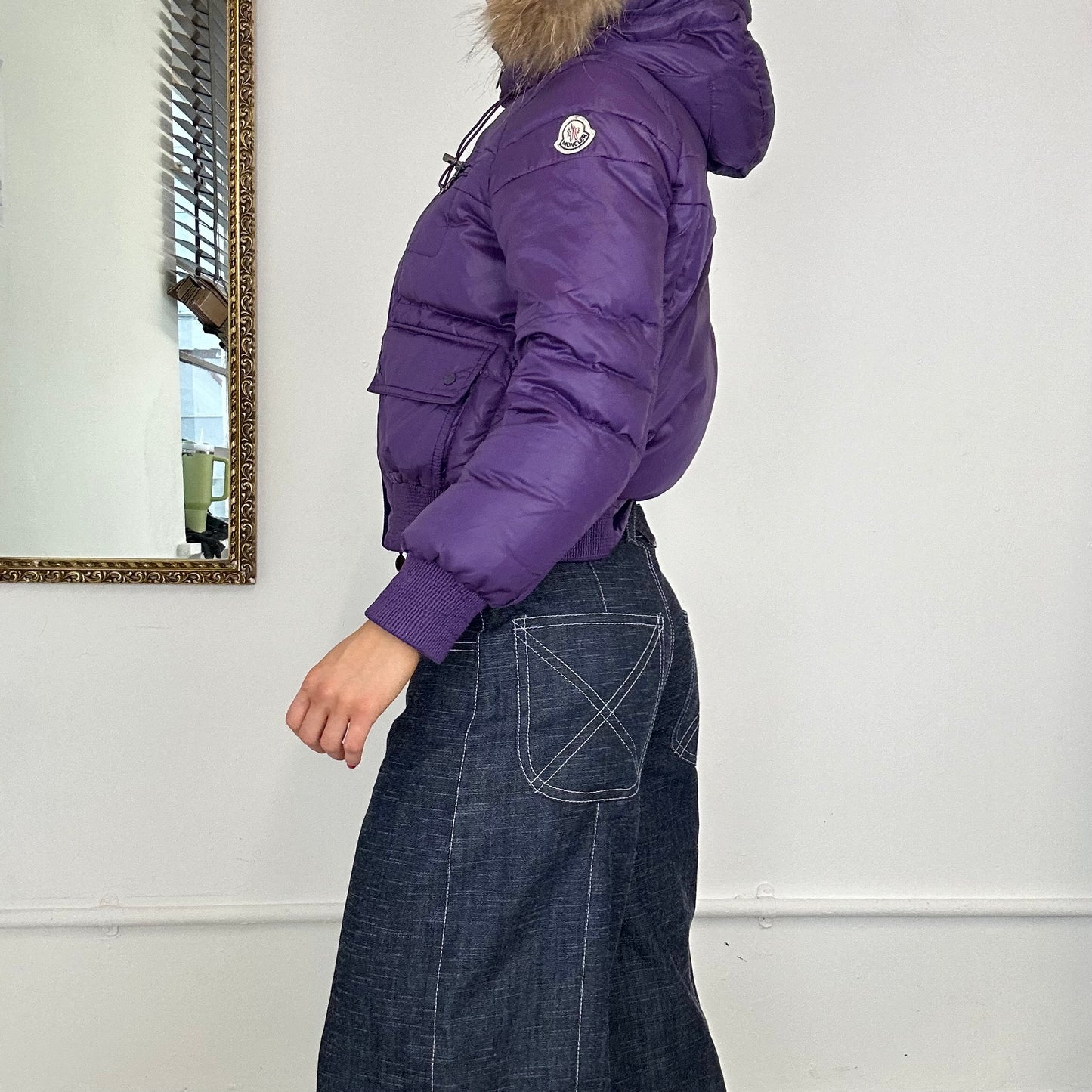 vintage moncler purple zip up hooded puffer coat