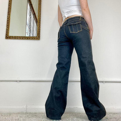 flared 2000s jeans with gold contrast