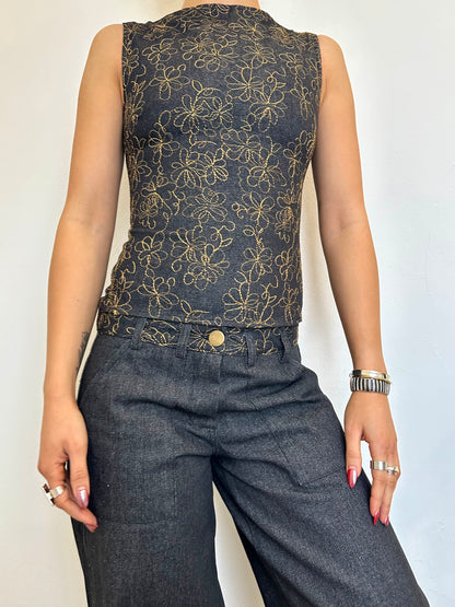 the charlie top in embroidered charcoal denim