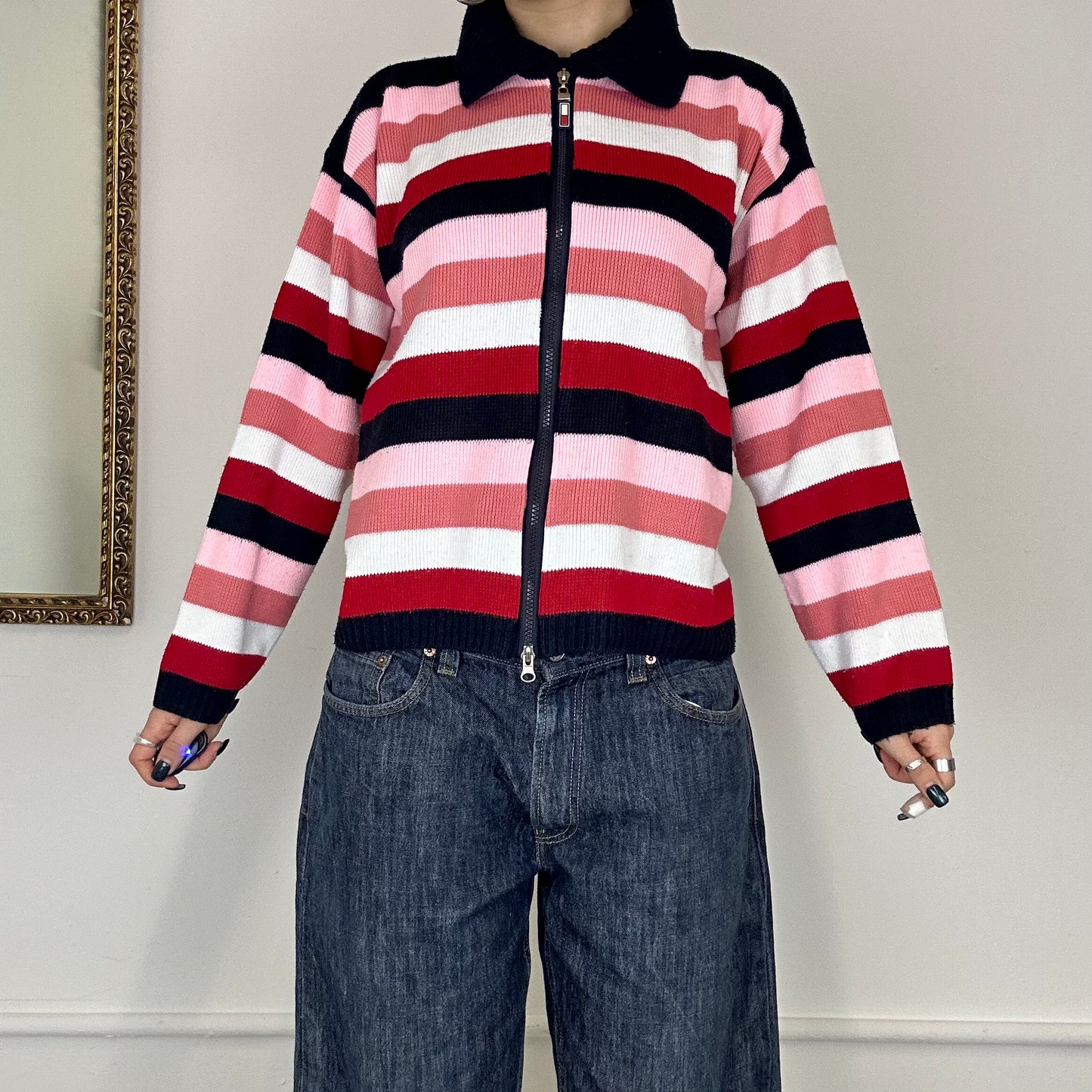 tommy hilfiger striped zip up jumper