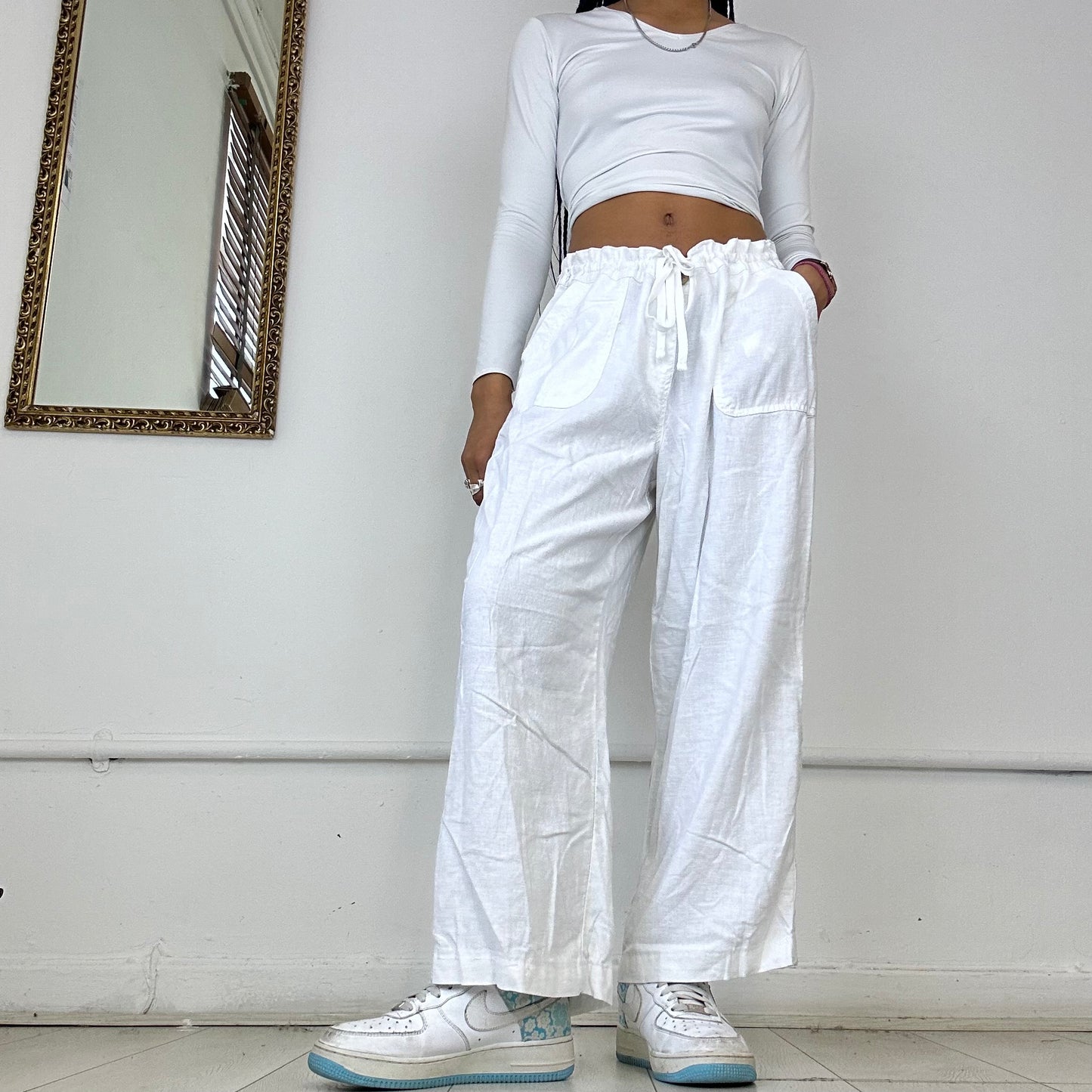 white wide leg linen trousers