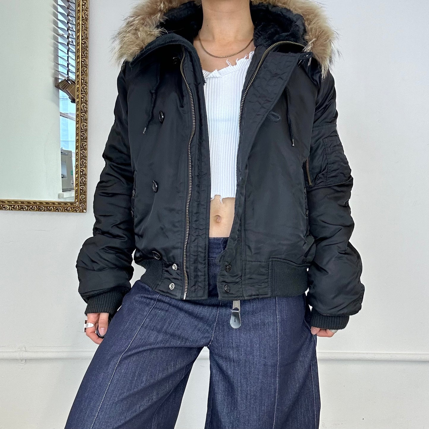 2000's black bomber with faux fur hood