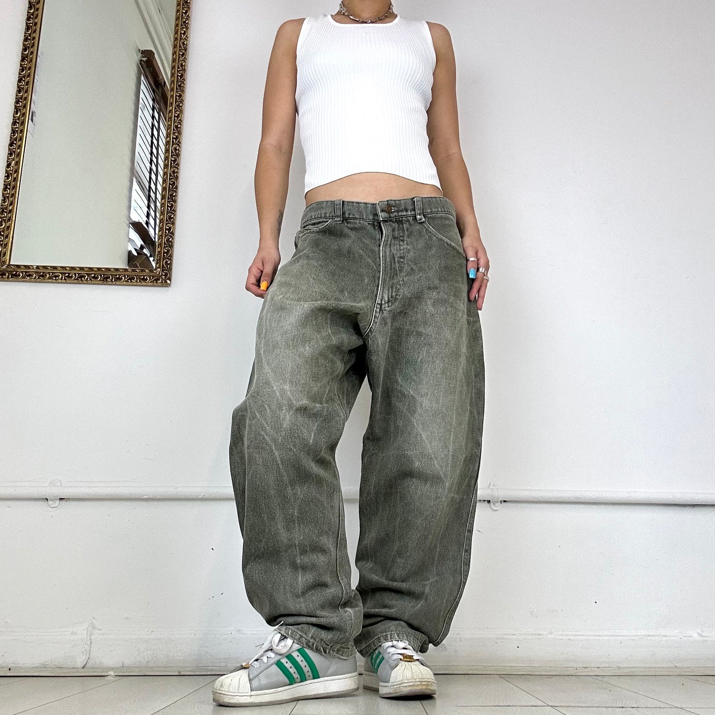 khaki washed baggy denim jeans