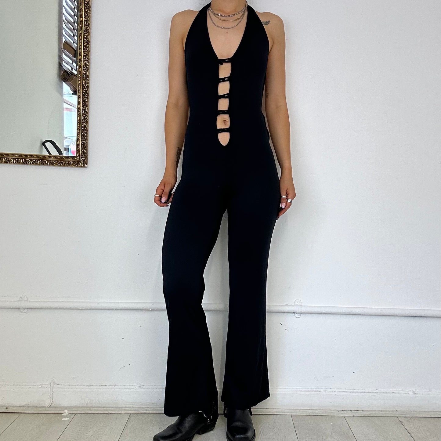 black halter neck cutout jumpsuit