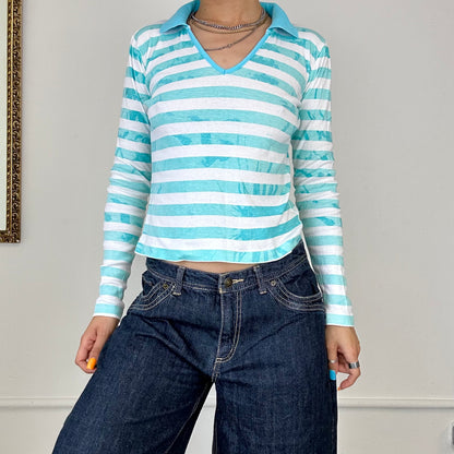 00's long sleeve blue striped polo top