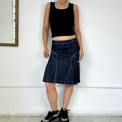 dark denim pleated midi skirt