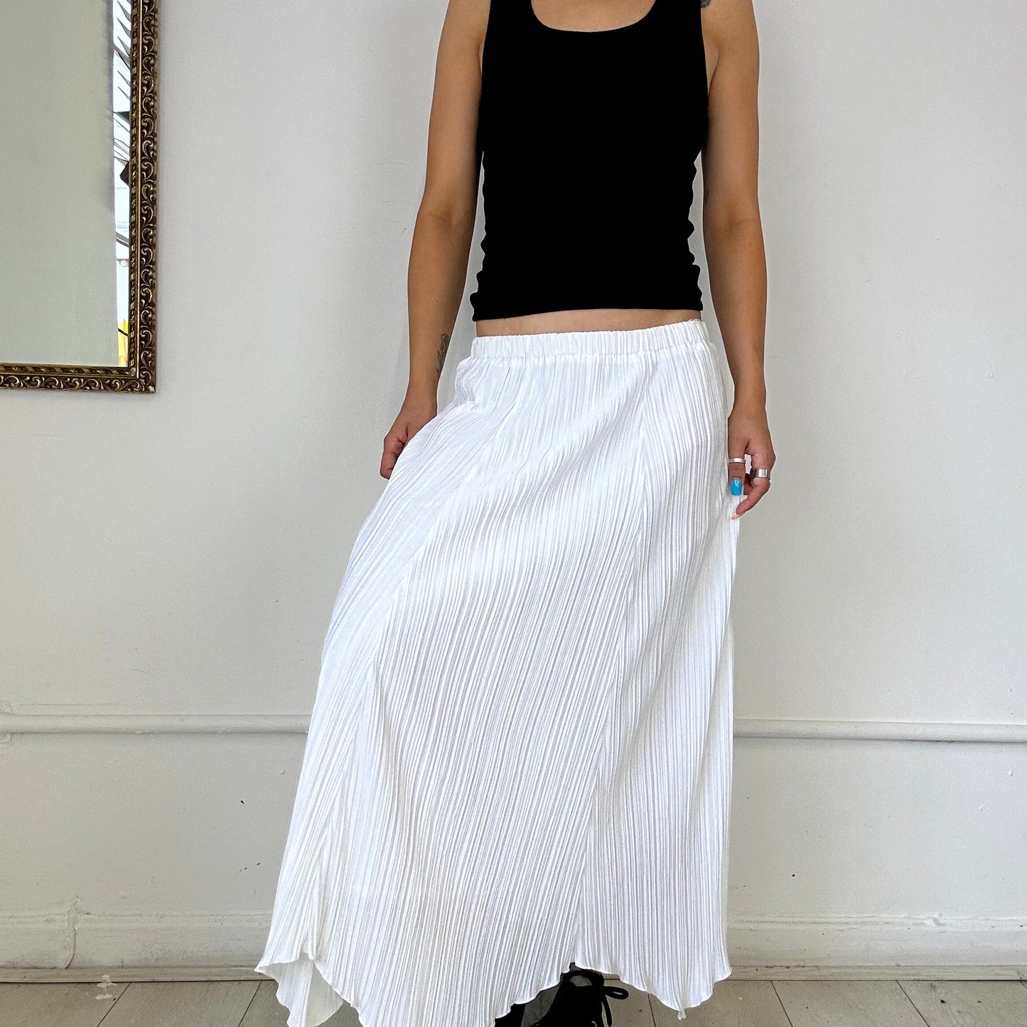 white flowy pleated maxi skirt