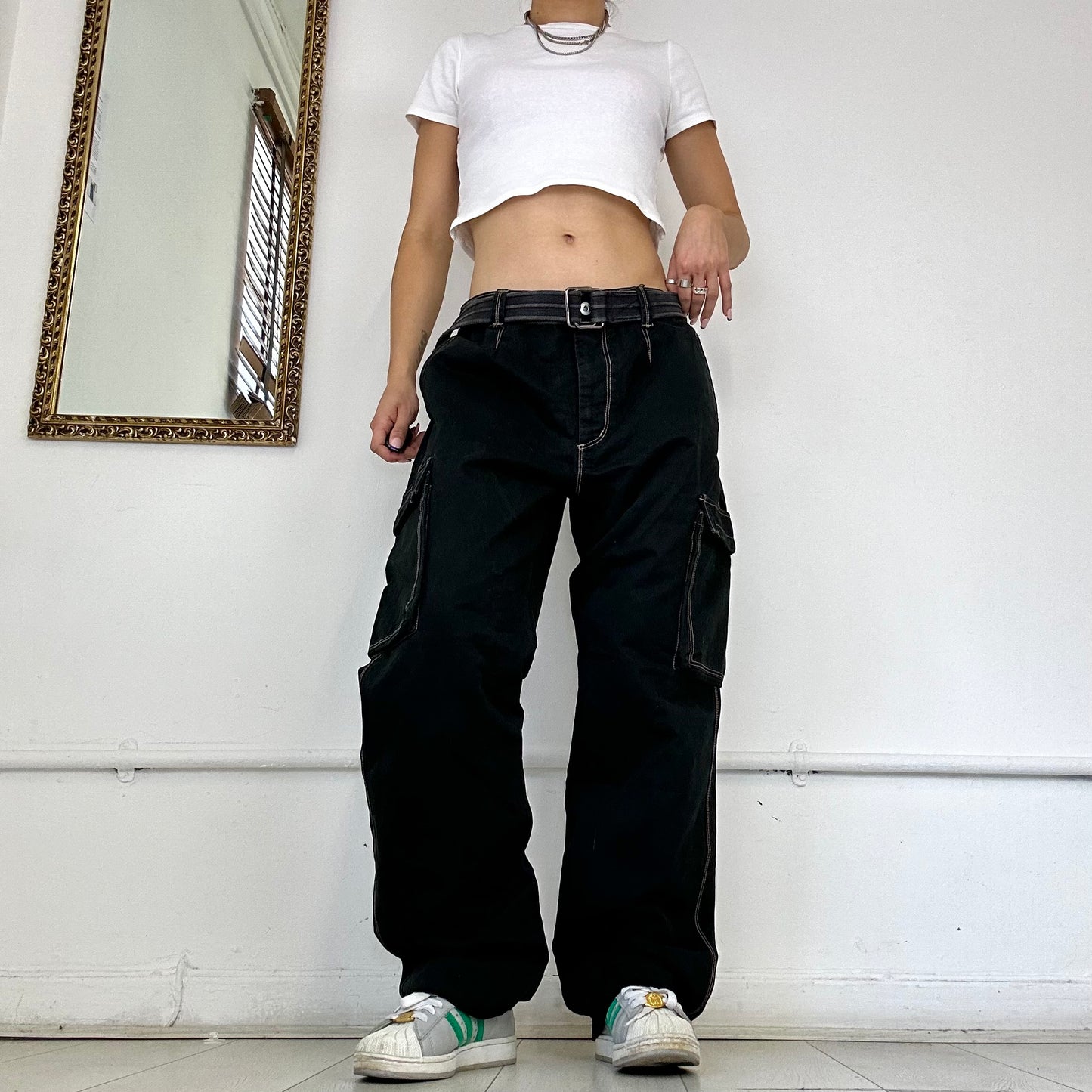 black contrast stitch baggy cargo trousers