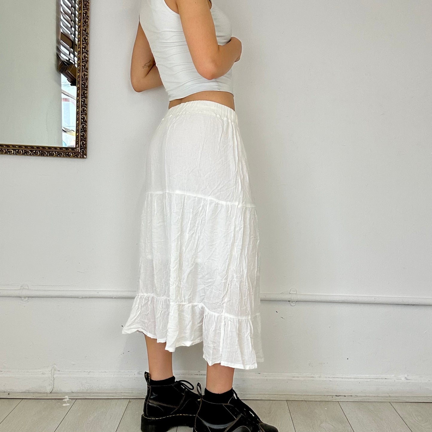 white flowy midi skirt