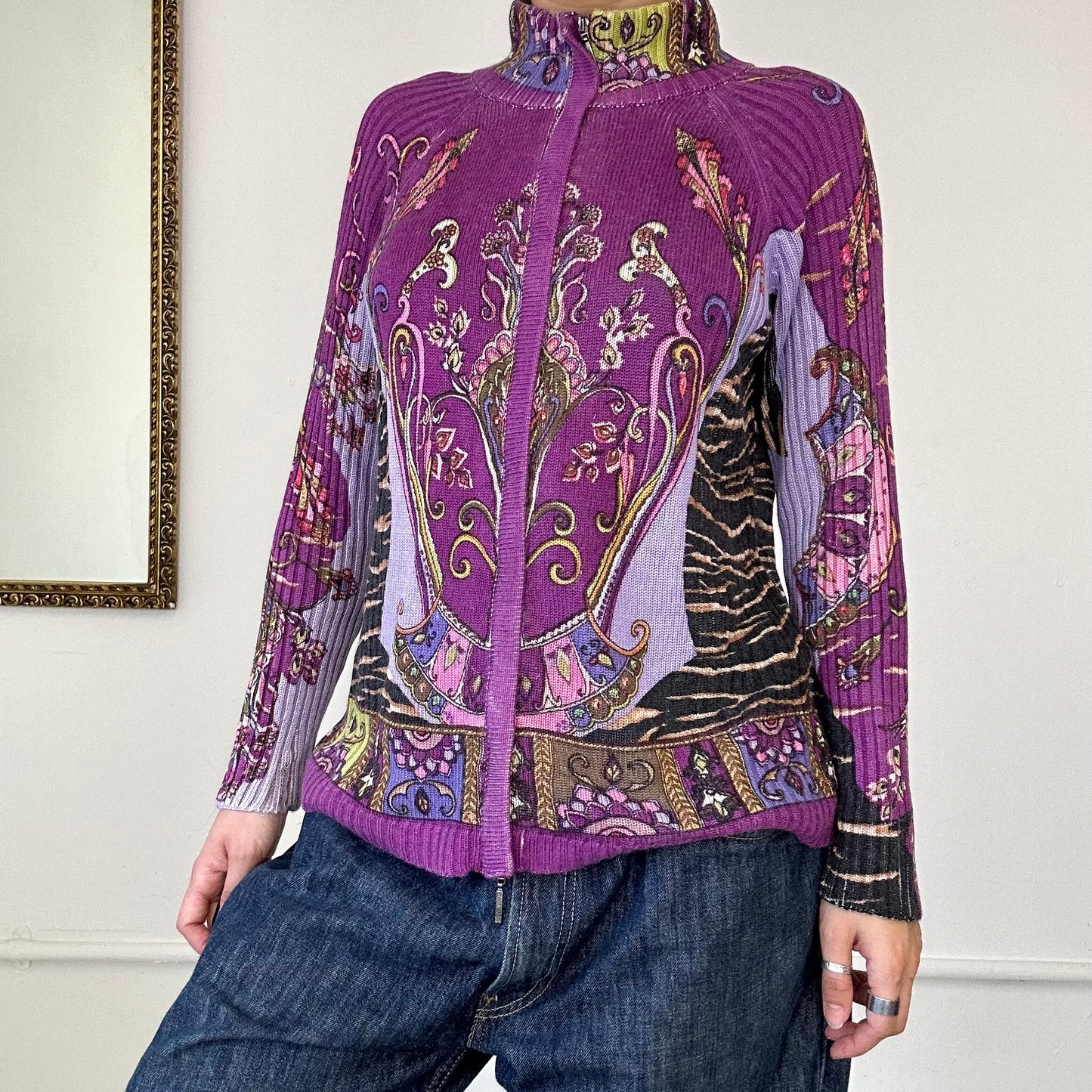 purple floral patterned zip up knitted jumper