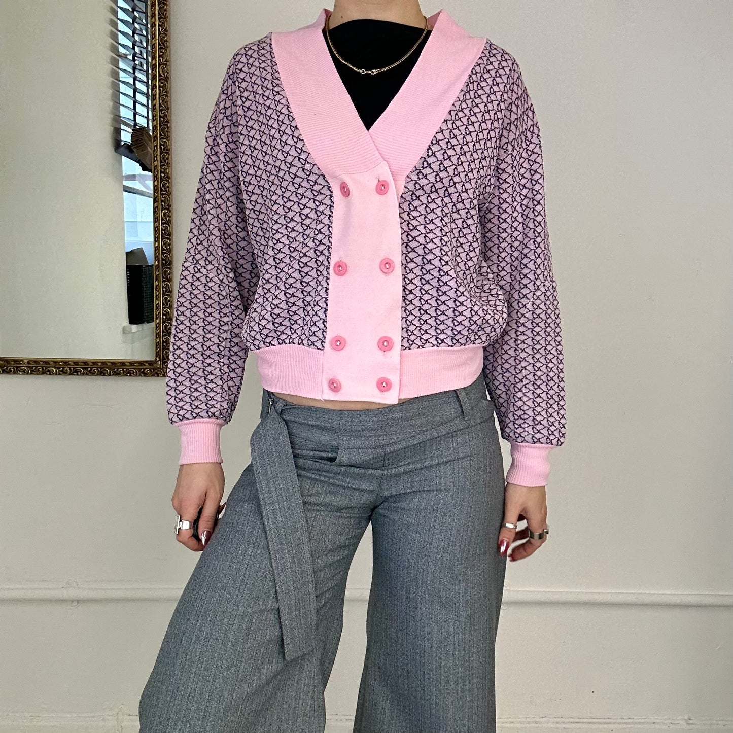 vintage adidas pink geometric button up cardigan