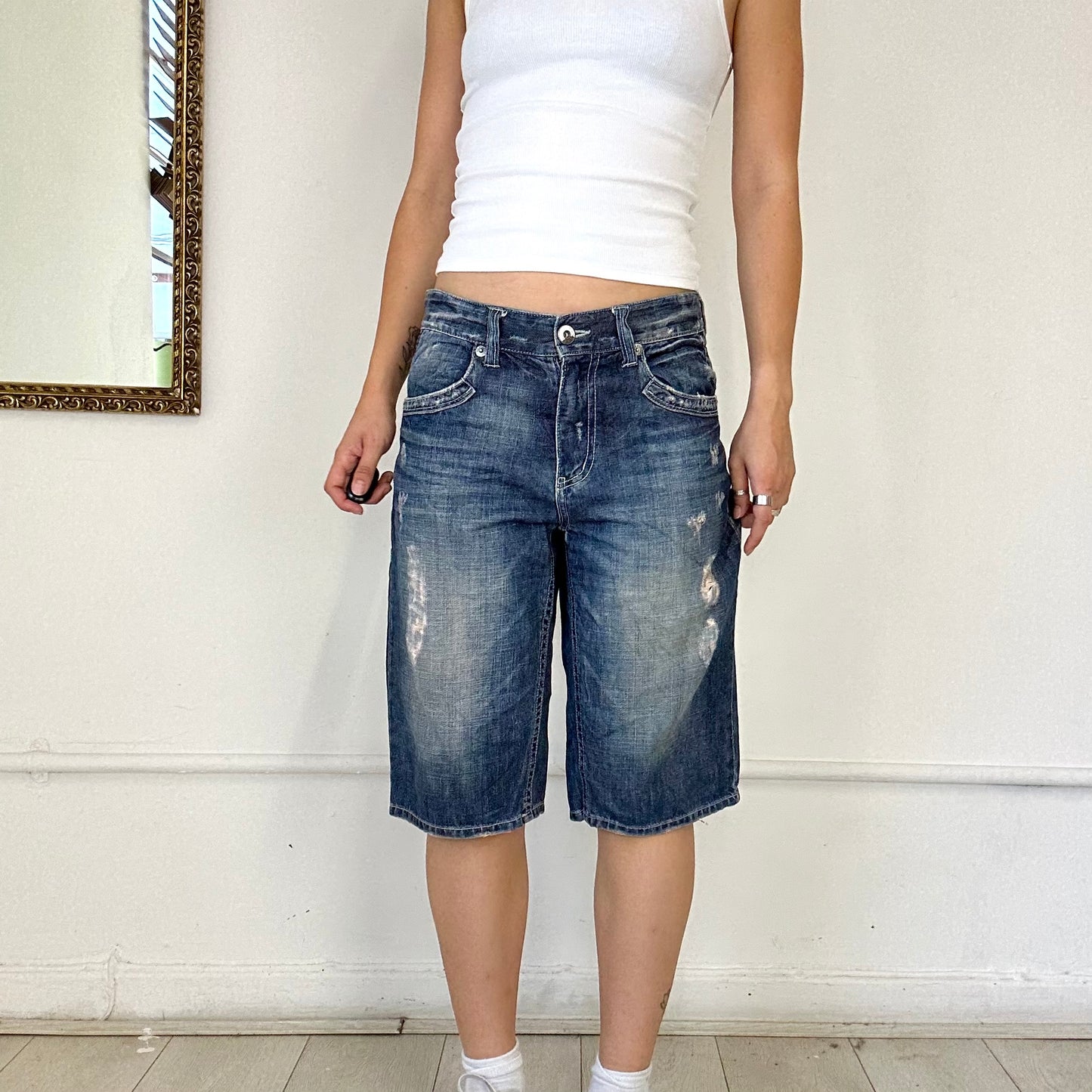 dark wash denim long shorts