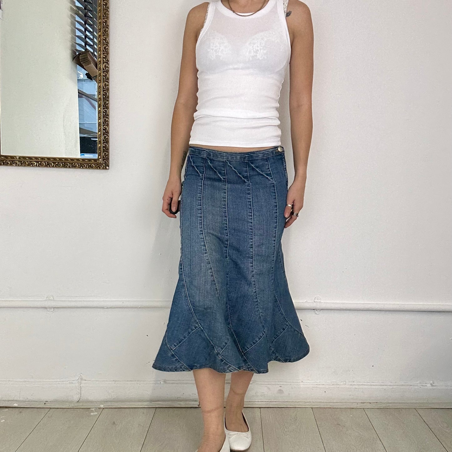 2000's denim floaty midi skirt