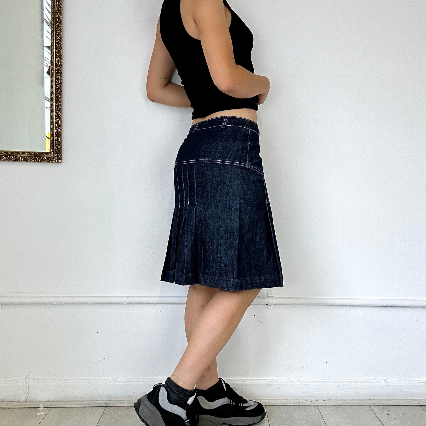 dark denim pleated midi skirt