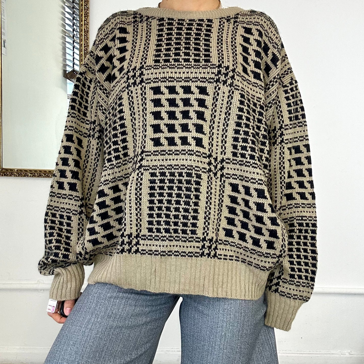 brown lambs wool patterned knitted jumper